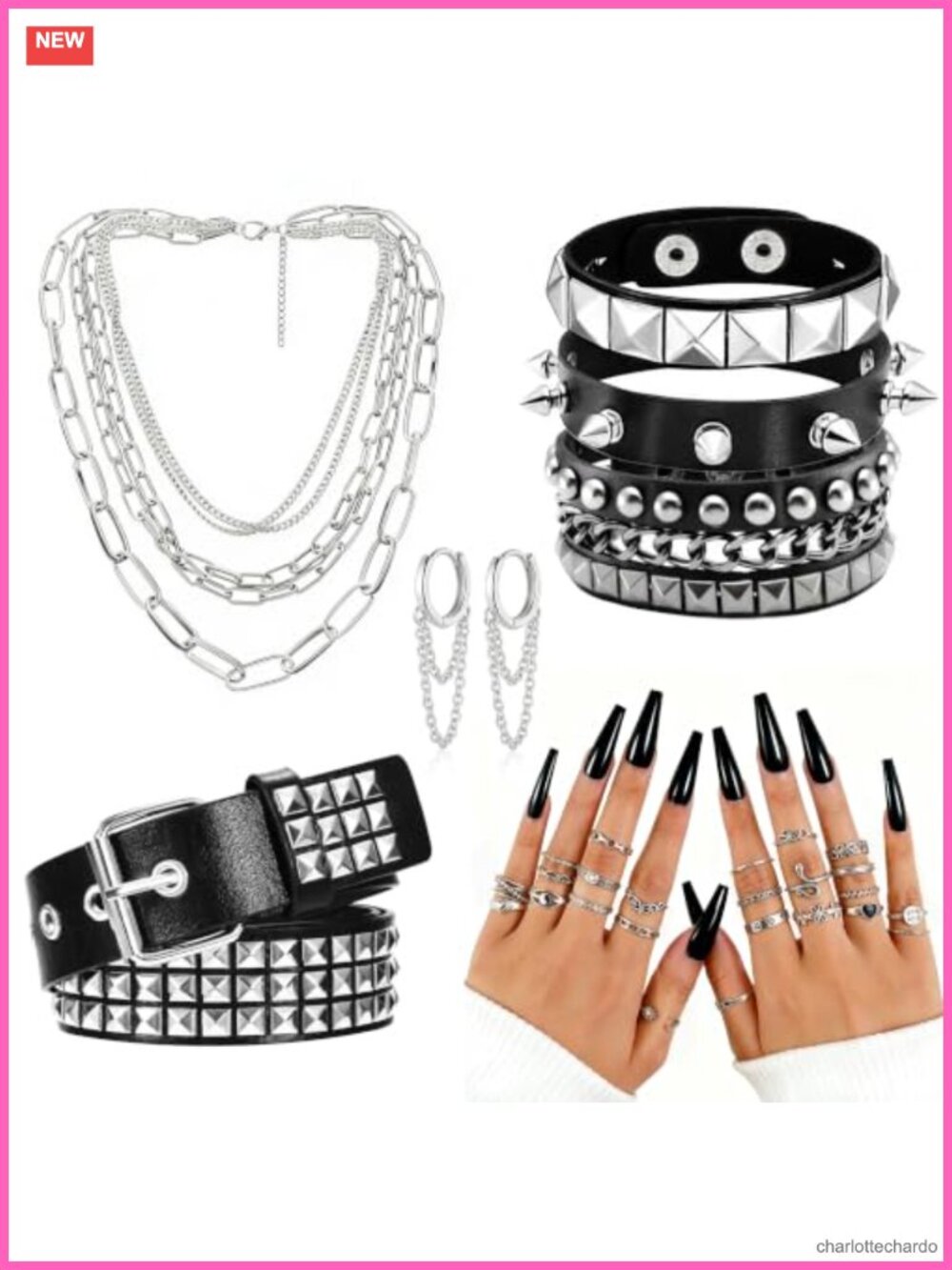 Punk Costume Set 31 Pc Faux Leather Studded Belt Necklace Bracelets Rings